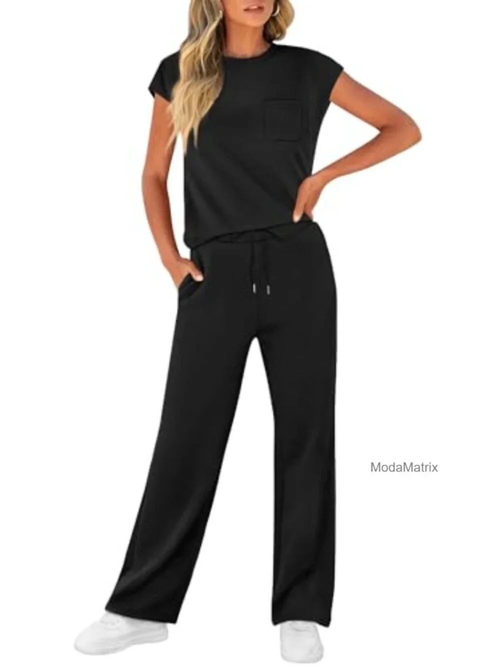2 Piece Lounge Set Women Casual Travel Vacation Outfit Cap Sleeve Wide Leg